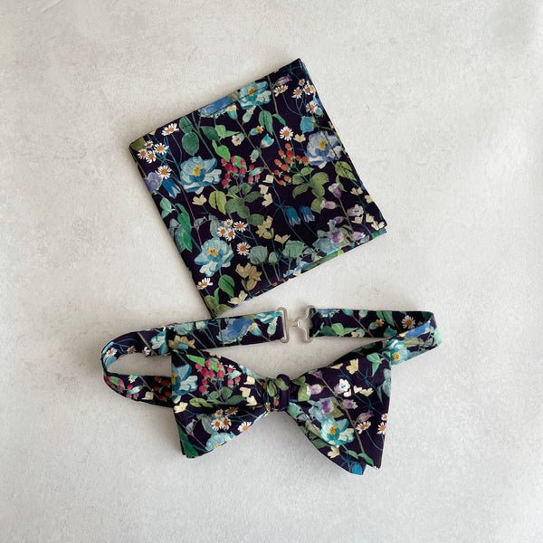 Navy Wildflower Bow tie and Pocket Square for Wedding