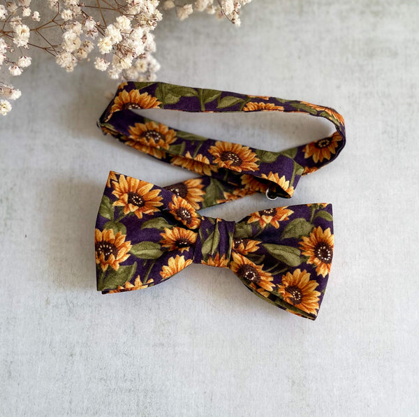 Rustic Sunflower Necktie Purple Floral Bow Tie with Matching Pocket Square