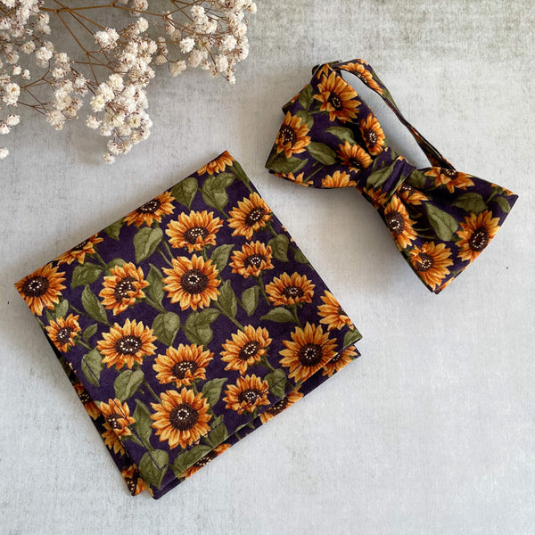 Rustic Sunflower Necktie Purple Floral Bow Tie with Matching Pocket Square