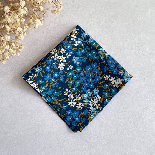 Blue Floral Necktie with Pocket Square for Wedding
