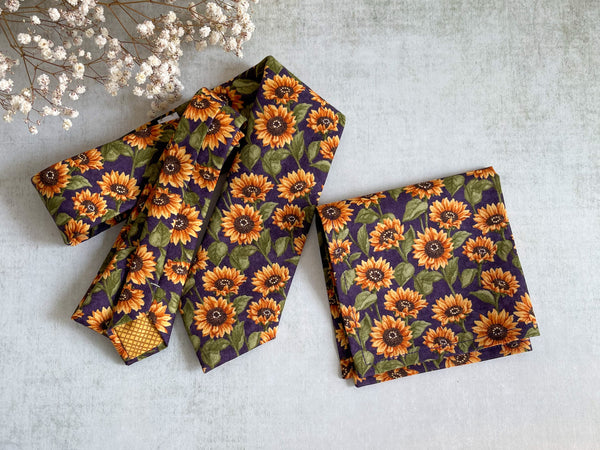 Rustic Sunflower Necktie Purple Floral Bow Tie with Matching Pocket Square
