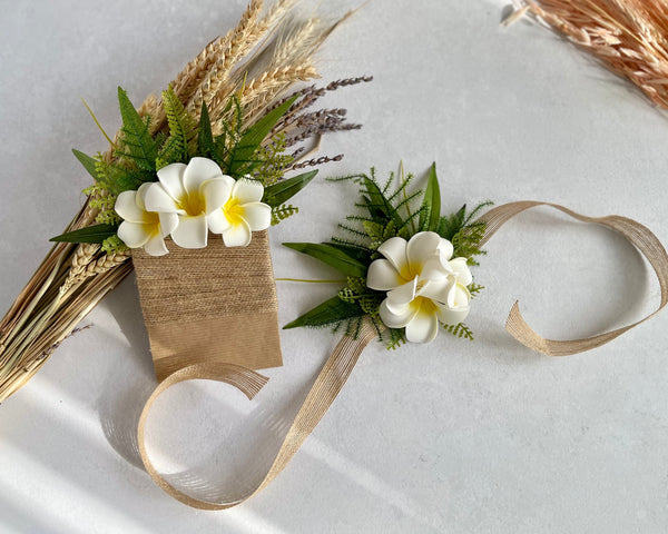 Plumeria/Frangipani Wrist Corsage & Pocket Boutonniere