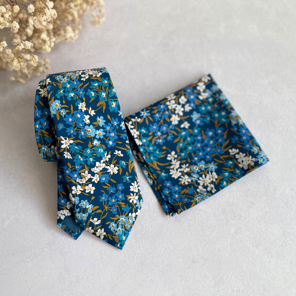 Blue Floral Necktie with Pocket Square for Wedding