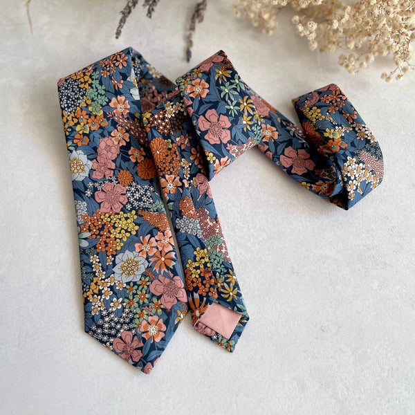 Blue Floral Wedding Tie and Pocket Square Set Necktie for Groom & Groomsmen
