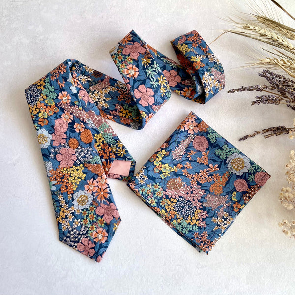 Blue Floral Wedding Tie and Pocket Square Set Necktie for Groom & Groomsmen