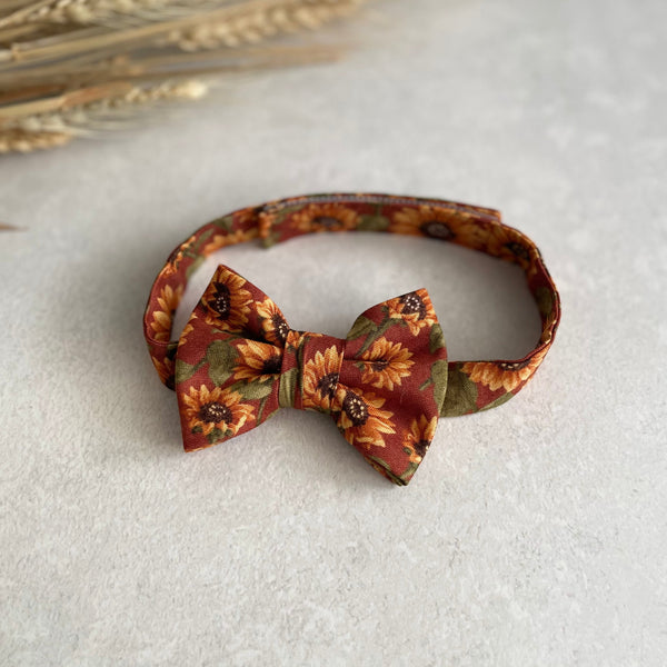 Rust Sunflower Necktie Floral Bow Tie with Matching Pocket Square