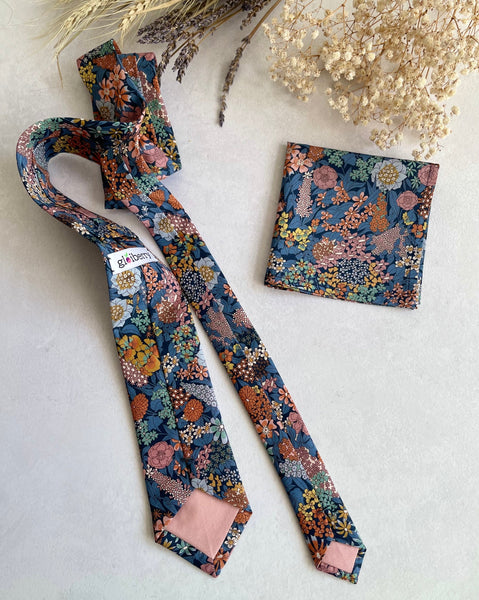 Blue Floral Wedding Tie and Pocket Square Set Necktie for Groom & Groomsmen
