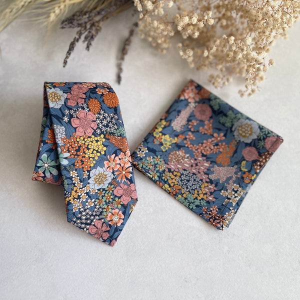 Blue Floral Wedding Tie and Pocket Square Set Necktie for Groom & Groomsmen