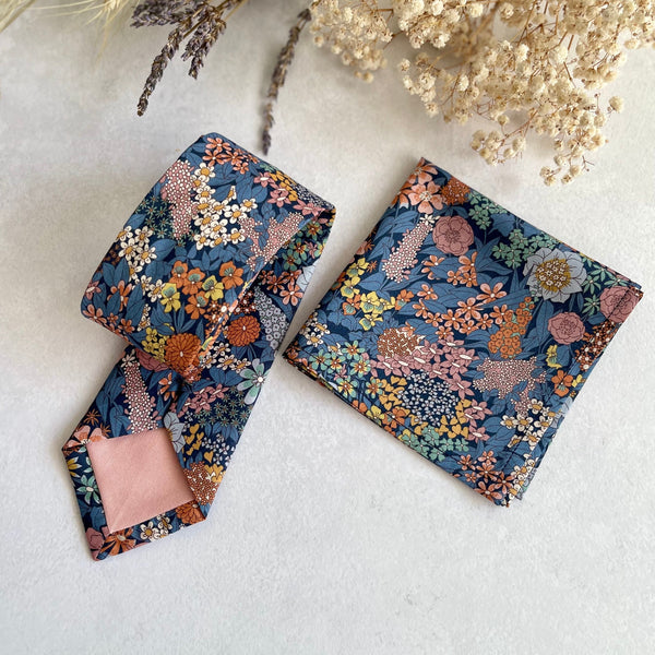 Blue Floral Wedding Tie and Pocket Square Set Necktie for Groom & Groomsmen