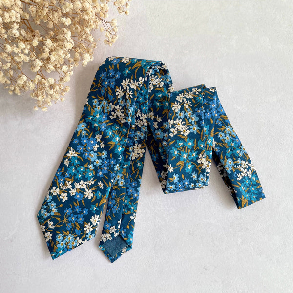 Blue Floral Necktie with Pocket Square for Wedding
