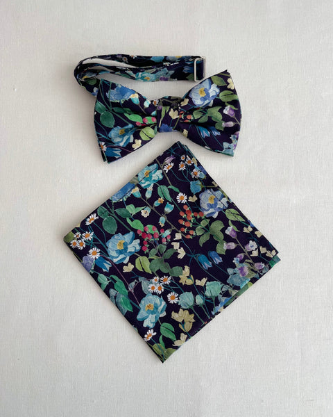 Navy Wildflower Bow tie and Pocket Square for Wedding