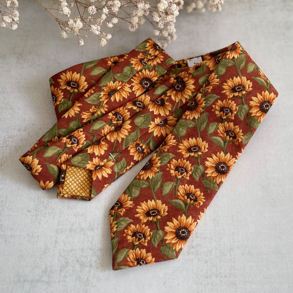 Rust Sunflower Necktie Floral Bow Tie with Matching Pocket Square