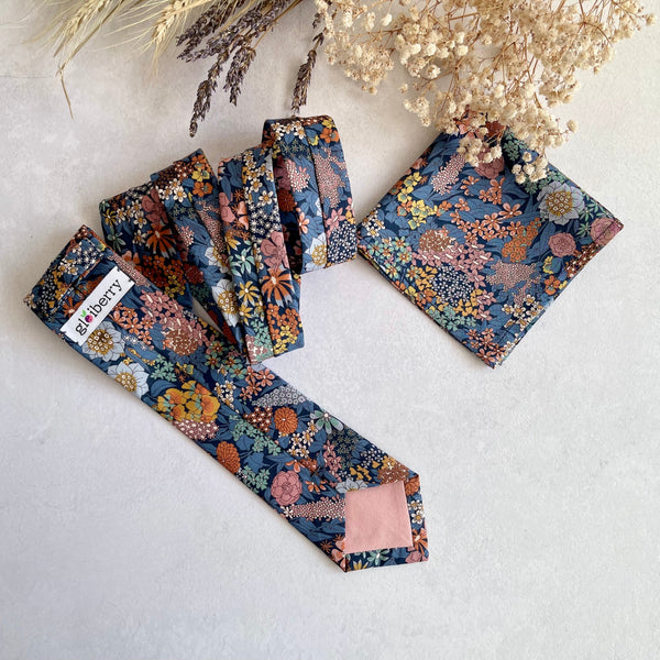 Blue Floral Wedding Tie and Pocket Square Set Necktie for Groom & Groomsmen