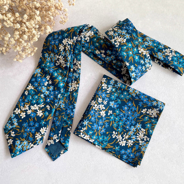 Blue Floral Necktie with Pocket Square for Wedding