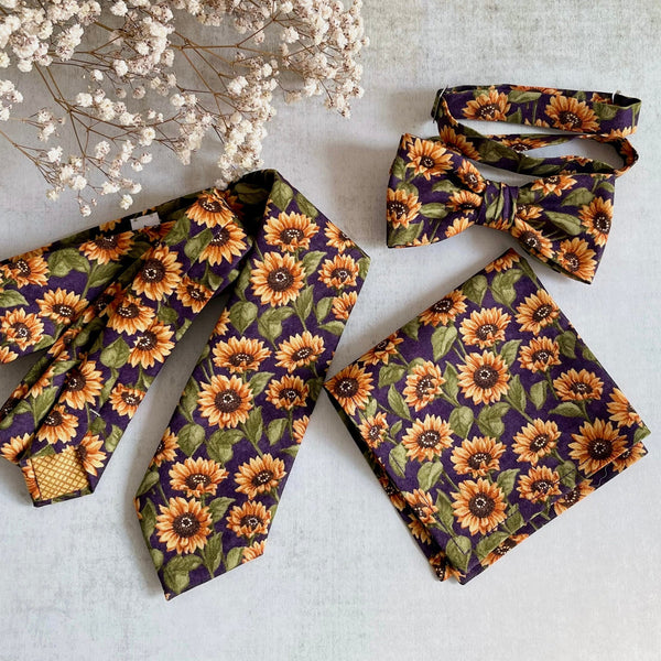 Rustic Sunflower Necktie Purple Floral Bow Tie with Matching Pocket Square
