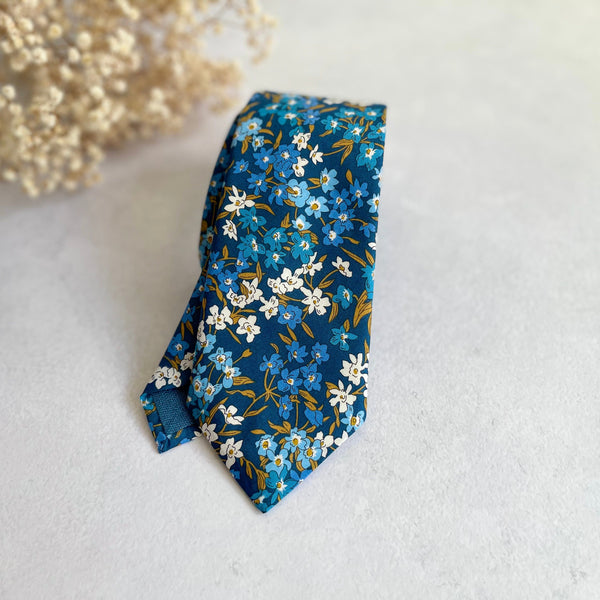 Blue Floral Necktie with Pocket Square for Wedding
