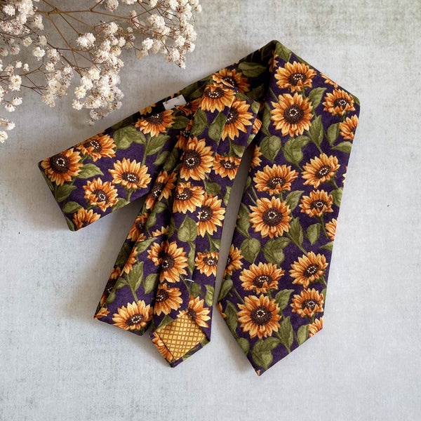 Rustic Sunflower Necktie Purple Floral Bow Tie with Matching Pocket Square