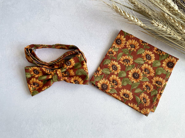 Rust Sunflower Necktie Floral Bow Tie with Matching Pocket Square