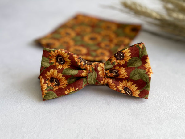 Rust Sunflower Necktie Floral Bow Tie with Matching Pocket Square