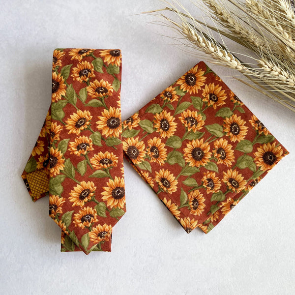 Rust Sunflower Necktie Floral Bow Tie with Matching Pocket Square