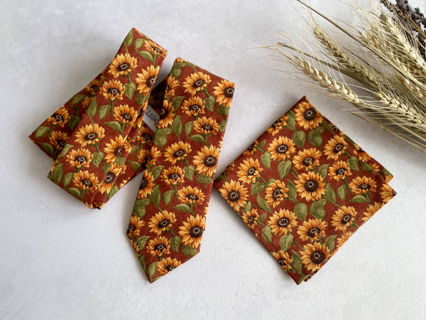 Rust Sunflower Necktie Floral Bow Tie with Matching Pocket Square