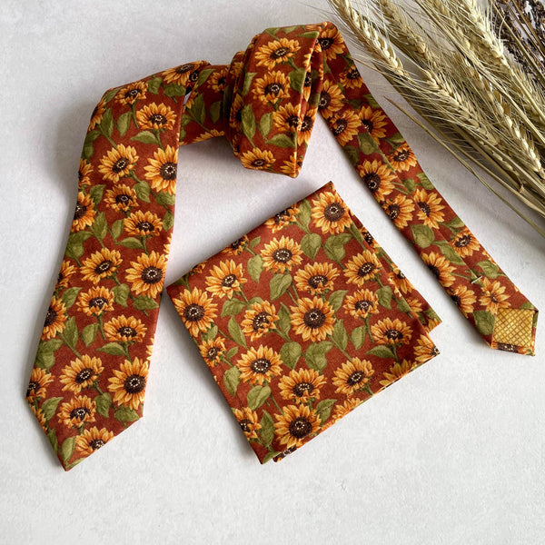 Rust Sunflower Necktie Floral Bow Tie with Matching Pocket Square