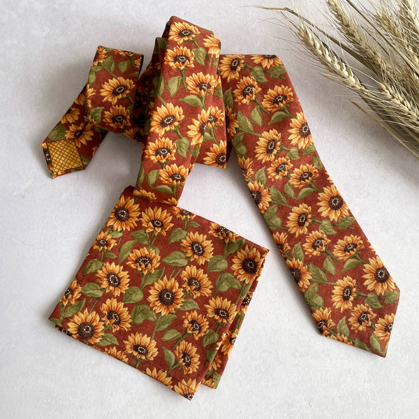 Rust Sunflower Necktie Floral Bow Tie with Matching Pocket Square