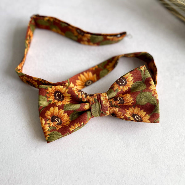 Rust Sunflower Necktie Floral Bow Tie with Matching Pocket Square