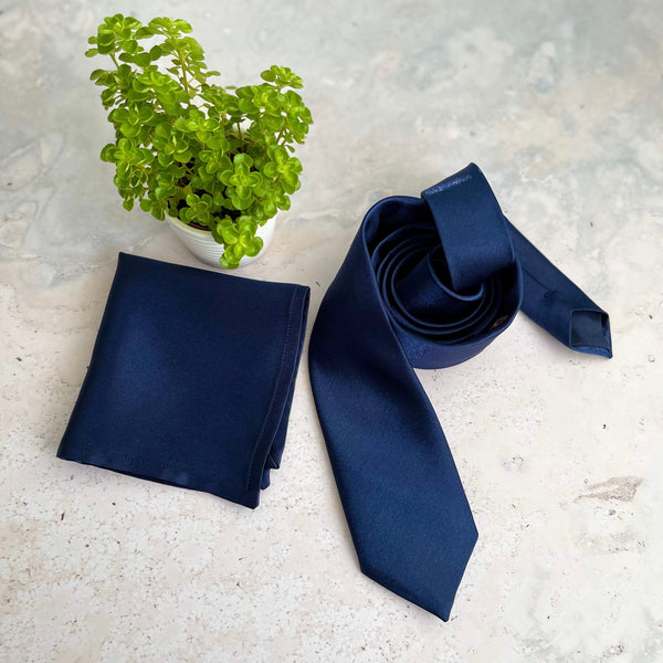 Navy Blue Satin Necktie, Bow tie & Pocket Square