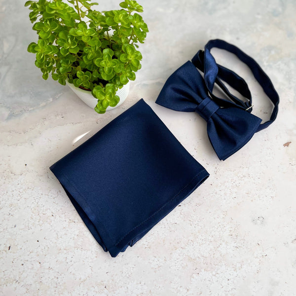 Navy Blue Satin Necktie, Bow tie & Pocket Square