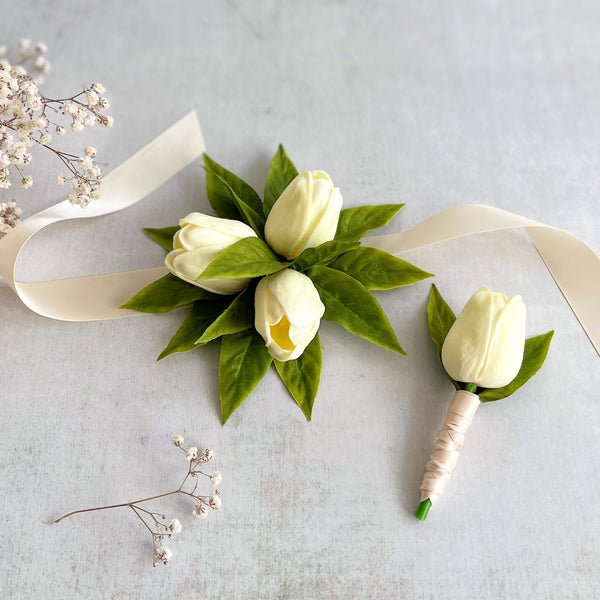 Pale Yellow Tulip Wrist Corsage & Boutonnière