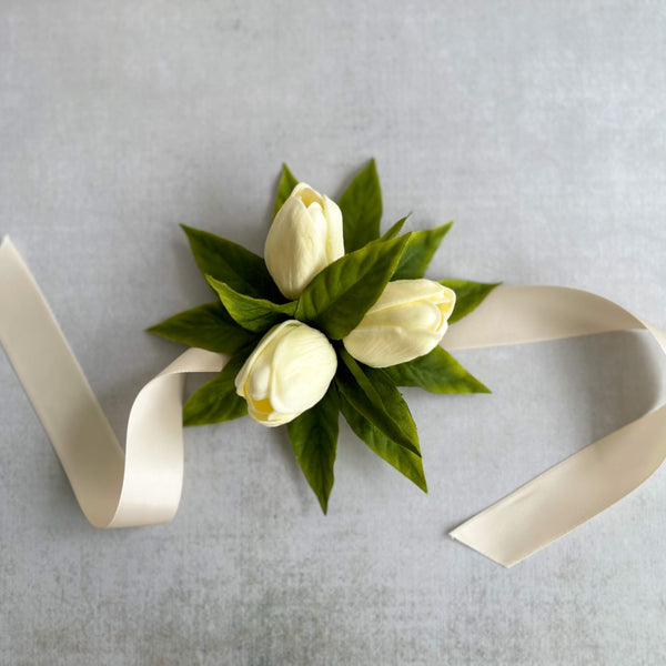 Pale Yellow Tulip Wrist Corsage & Boutonnière