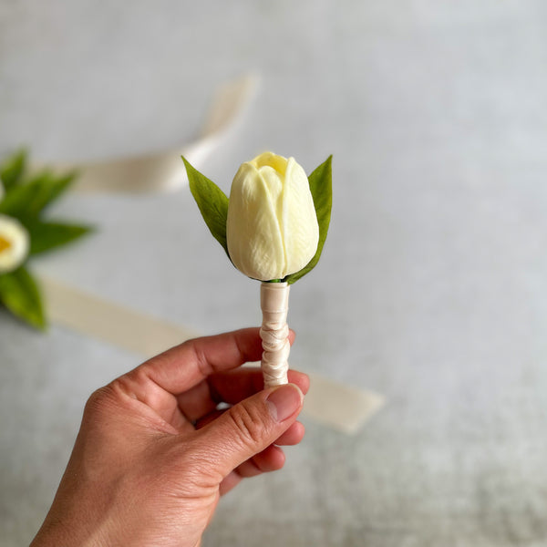 Pale Yellow Tulip Wrist Corsage & Boutonnière