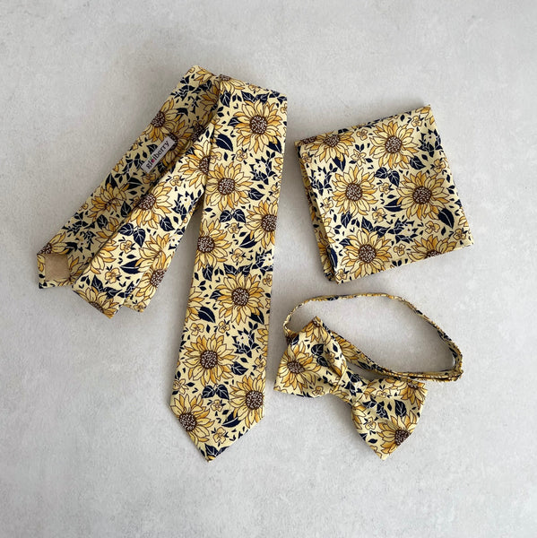 Sunflower Floral Necktie Bow Tie Matching Pocket Square