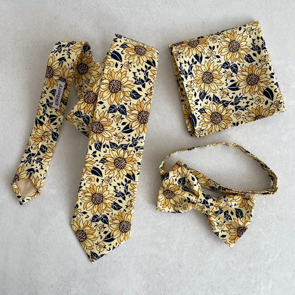 Sunflower Floral Necktie Bow Tie Matching Pocket Square