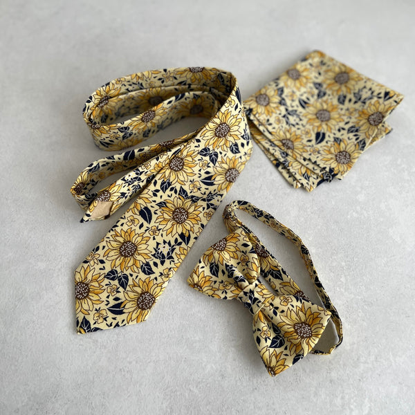 Sunflower Floral Necktie Bow Tie Matching Pocket Square