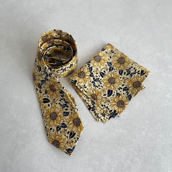 Sunflower Floral Necktie Bow Tie Matching Pocket Square