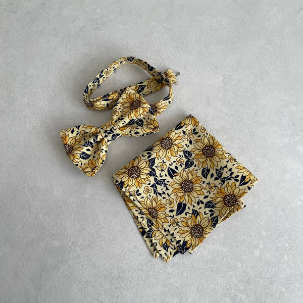 Sunflower Floral Necktie Bow Tie Matching Pocket Square
