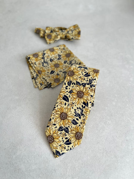 Sunflower Floral Necktie Bow Tie Matching Pocket Square