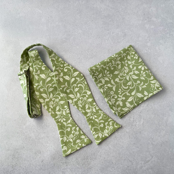 Sage Green Vine Tie, Bow tie and Pocket Square