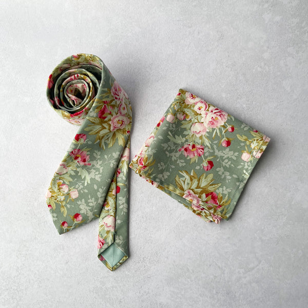 Dusty Sage Green Floral Tie, Bow tie and Pocket Square