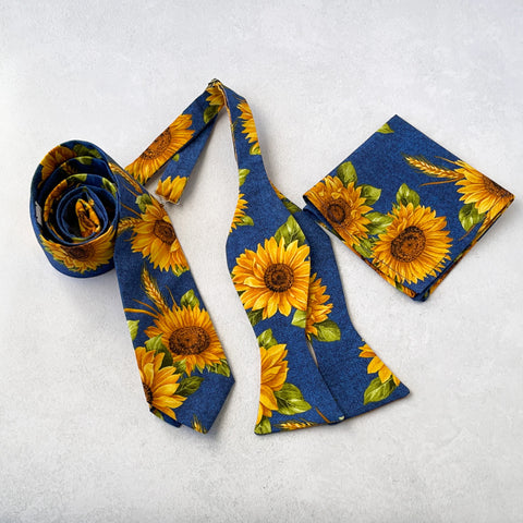 Blue Sunflower Necktie, Bow tie, and Pocket Square