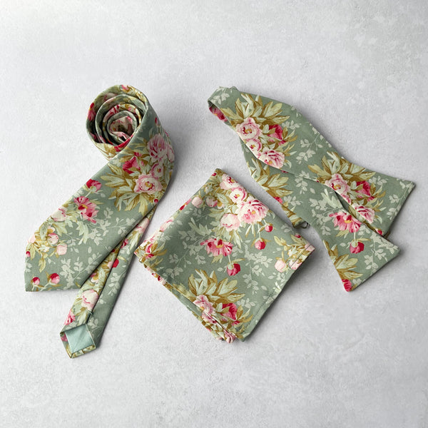 Dusty Sage Green Floral Tie, Bow tie and Pocket Square