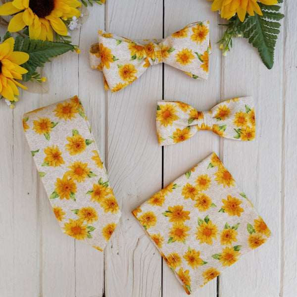 Sunflower Floral Semi Skinny Necktie Bow Tie Matching Pocket Square