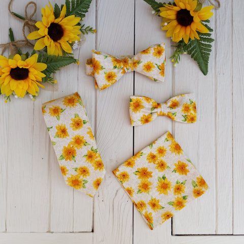 Sunflower Floral Semi Skinny Necktie Bow Tie Matching Pocket Square
